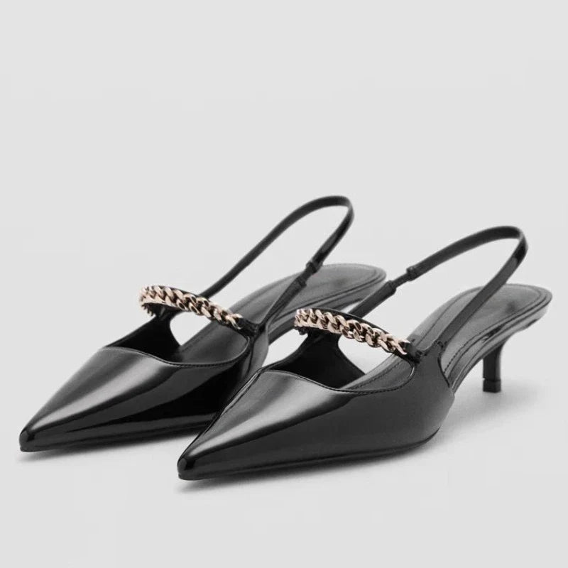Elegant Black Patent Leather Heels Metal Chain Slingback Shoes Comfort Pointed Toe Kitten Heel Office Shoe