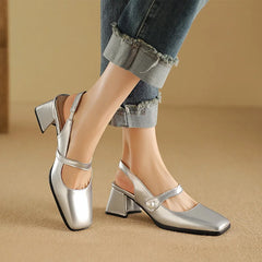 Slingback Sandals Square Toe Patent Leather Block High Heeled Mary Jane Shoes Gold Silver