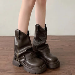 Knee High Boots Western Round Toe Long Boots Western Shoes Chunky Heel Platform