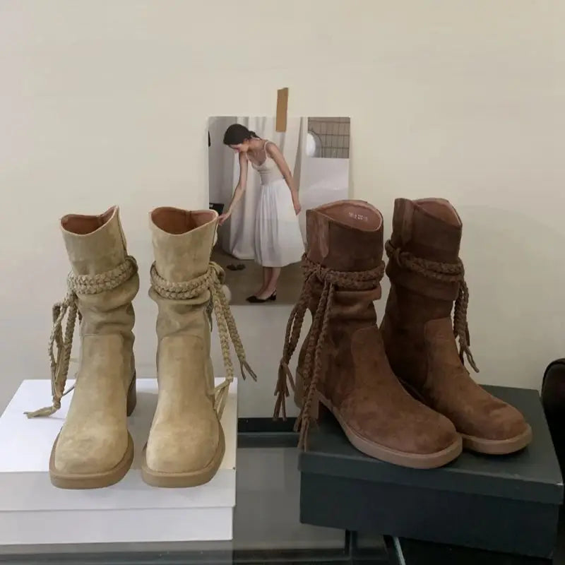 Brown Suede Boots Woman Round Toe Chunky Heels Boots Fall Black Rocks Shoes Botas Western Cowboy Feminina