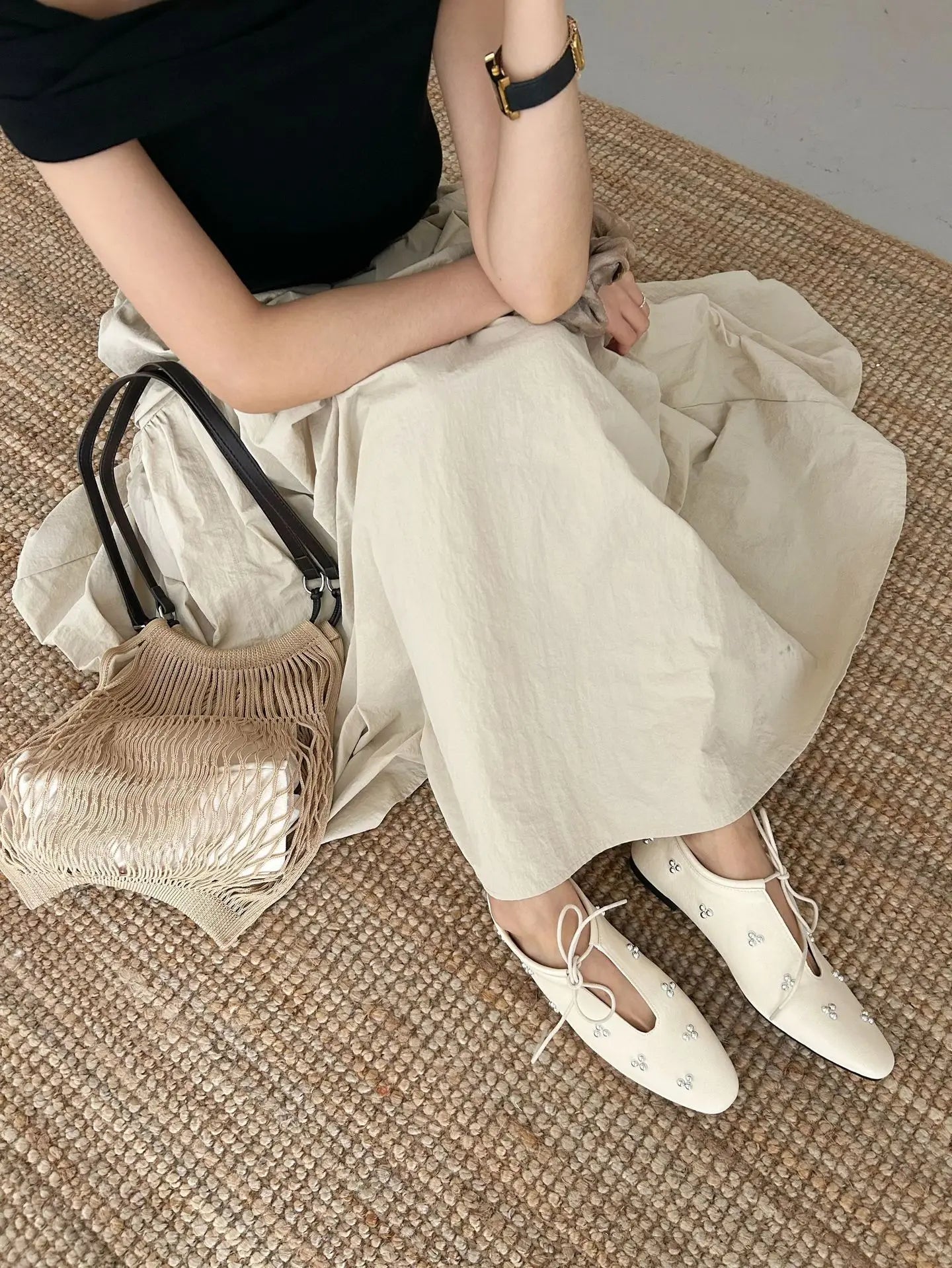 Metal Rivet Decoration Shallow Mouth Ballet Flats High Quality Soft Bottom Lacing Flat Shoes Casual Comfy Shoes