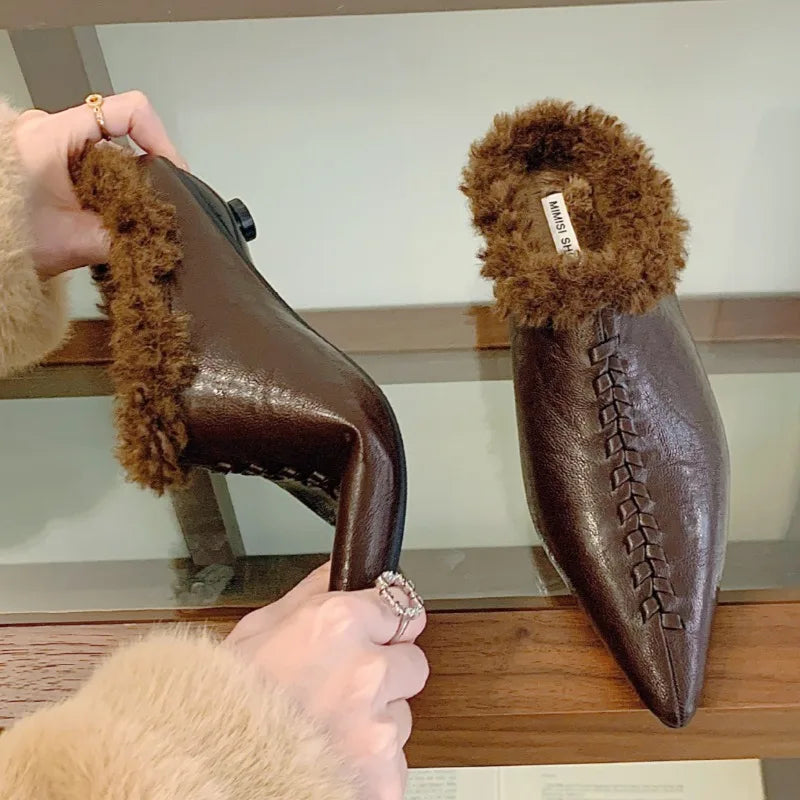 Warm Fluffy Slippers Woman Retro Sewing Pointed Toe Low Heel Mules Shoes Outdoors Casual Comfortable Fur Slippers