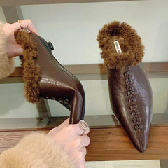 Warm Fluffy Slippers Woman Retro Sewing Pointed Toe Low Heel Mules Shoes Outdoors Casual Comfortable Fur Slippers