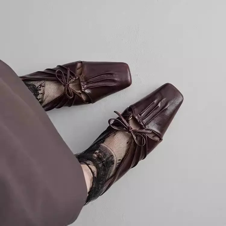 Pleated Hollow Mary Jane Style Shoes with Bow Design Flat Shoes Square Toe Casual Comfortable Outdoors Shoes Fashion
