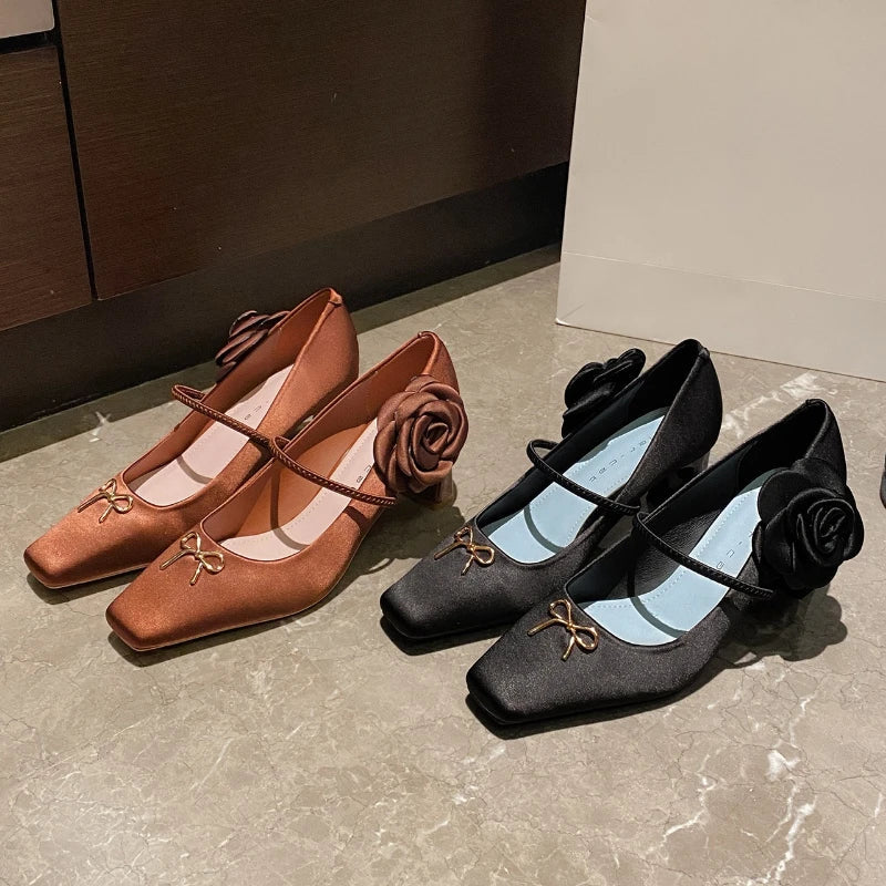 Novelty Side Flower Design Chunky Heel Pumps Elegant Bow Decoration Square Toe High Heels Black Mary Jane Shoes
