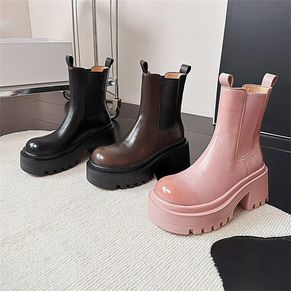 Platforms Ankle Boots Genuine Leather Thick Sole Ankle Punk Motorcycle Shoes Combat Booties