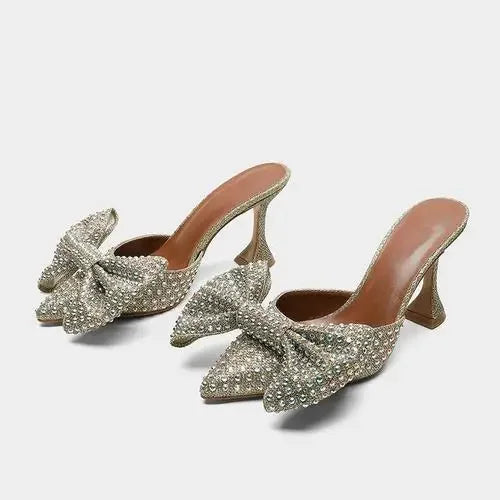 European Station Pointed Bow Sandals Diamond Versatile Ultra High Heel Thin Heel Baotou