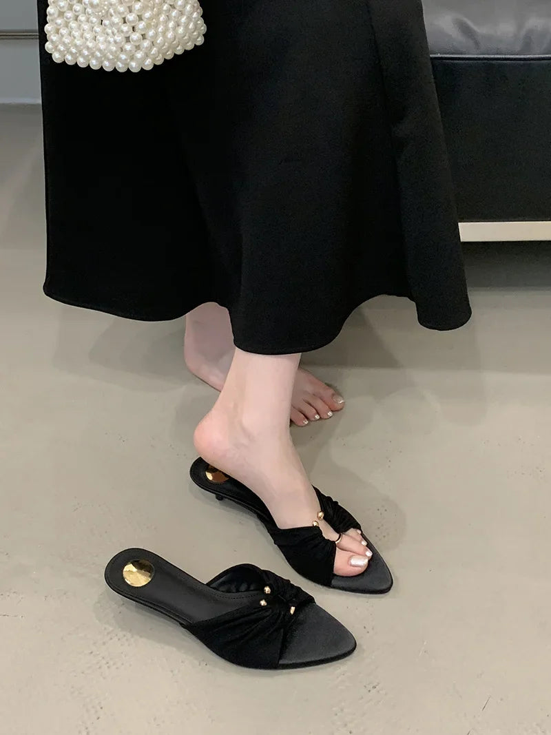 Pleated Silk Hollow Out Metal Buckle Slippers Sandal Pointed Toe Low Thin Heels Beach Party