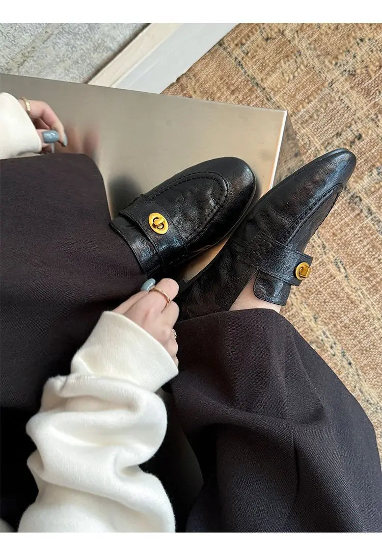 Genuine Calfskin Slip On Round Toe Square Heel Shallow Casual Outdoor Shoes