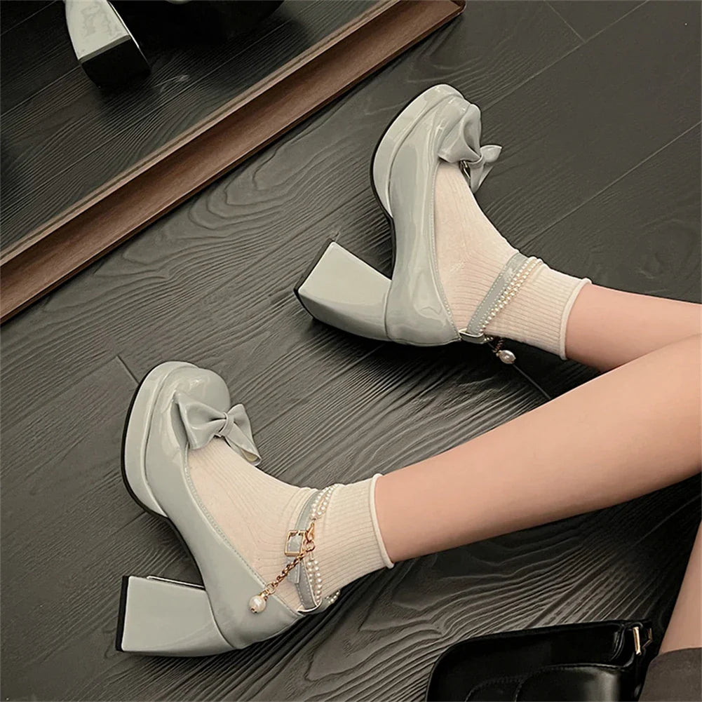 Lolita Bow Bow Decor Pumps Platform Chunky High Heels Ankle Strap Sweet Cute Elegant Pumps