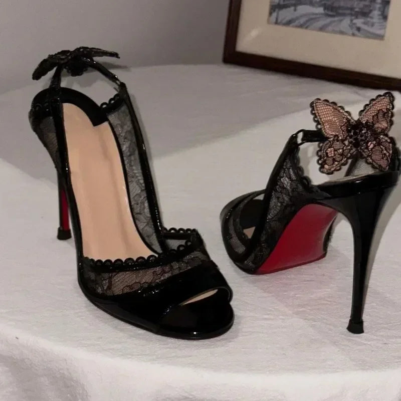 Cutout Lace Bowknot Peep Toe Slingback Sandals Thin High Heels Black Patent Leather Party Wedding Shoes