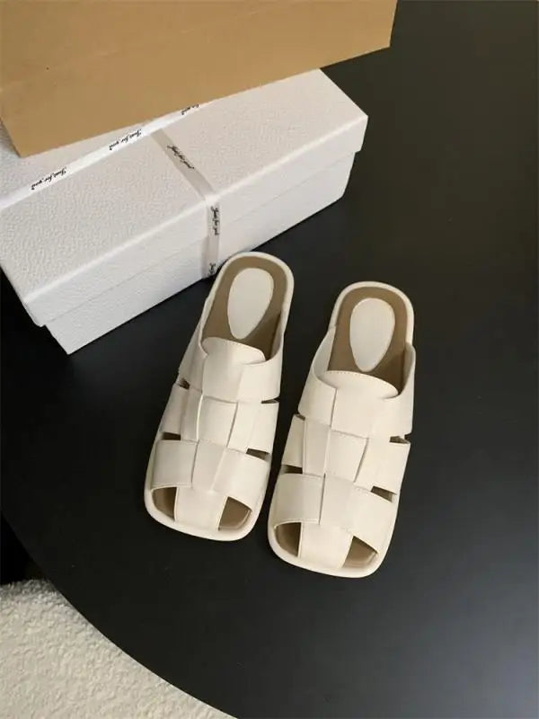 Slippers Shoes Low Slides Cover Toe Pantofle Fretwork Heels Flat Rubber PU Fabric Hoof Shoes Wo
