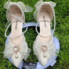 Elegant Woman Heels Lolita Y2k Mary Jane Shoes Black Heart Pearl Shoes Sandals