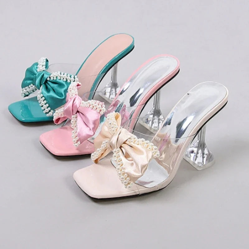 Pearl Bow Slipper Transparent PVC High Heeled Non Slip Mule Shoes