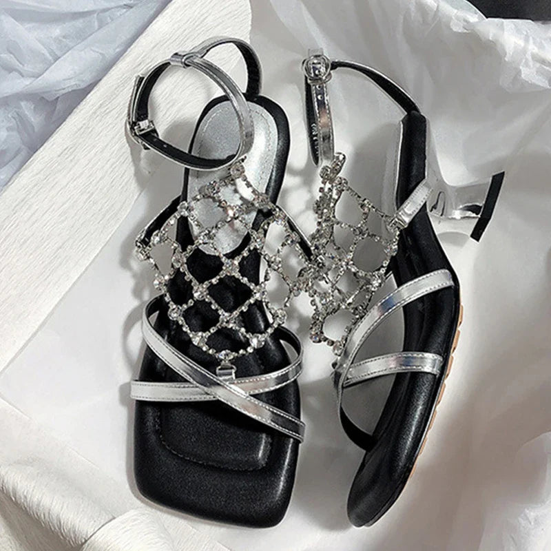 Roma Style Hollow Out Crystal Mesh Cozy Square Open Toe Strange Low Heels Shoes Gladiator Sandalias