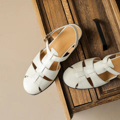 Sandals Low Thick Heel Genuine Leather Hook and Loop Back Strap Casual Sandals Solid Color Shoes