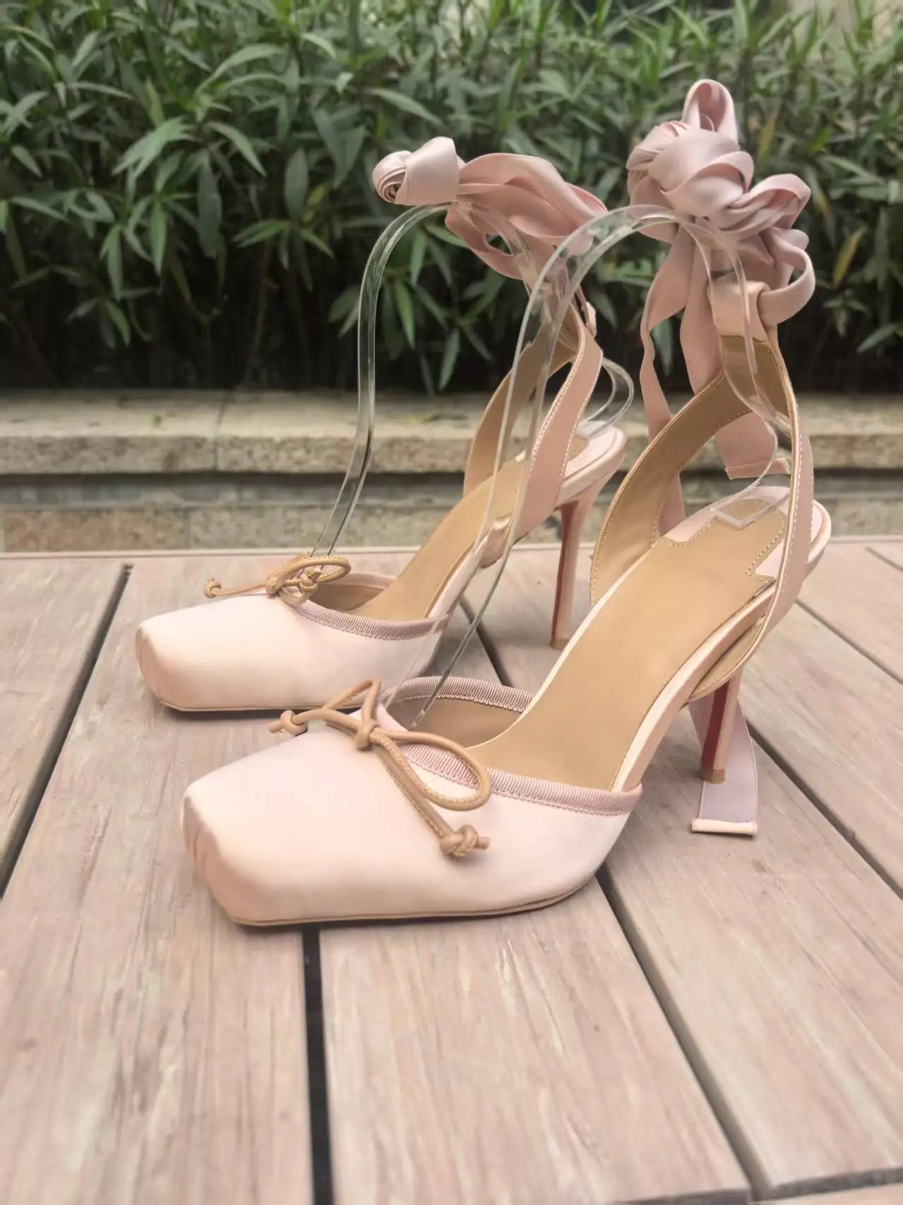 Pink Color Silk Satin Ankle Strap Lace-Up Ribbon Single Shoes Elegant Lady High Heels Dressing Party