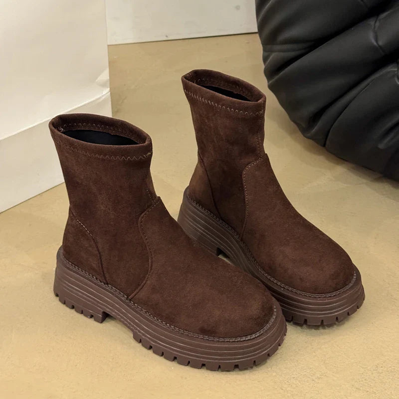 Chelsea Ankle Boots Suede Snow Short Botas Platform Mid Heels Shoes Brand Casual Sport Boots