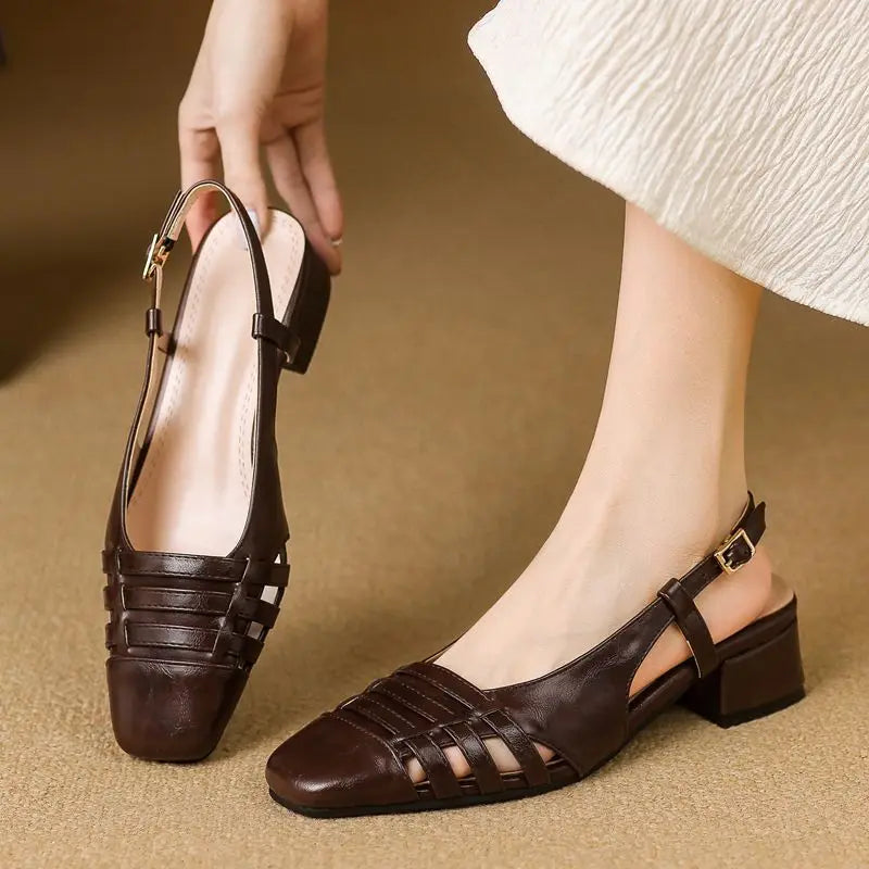 Design Vintage Square Toe Block Heels 3.5cm Back Buckle Strap Big Size 43 Dating Shoes 31 32