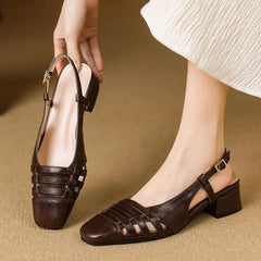Design Vintage Square Toe Block Heels 3.5cm Back Buckle Strap Big Size 43 Dating Shoes 31 32