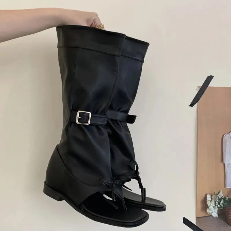 Black Wedge Sandals Woman Thong High Heels Long Boots Belt Buckle Gladiator Shoes Sandal Femmes