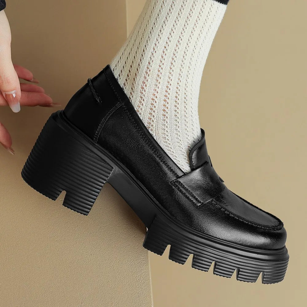 genuine leather chunky heel platform moccasins round toe high quality soft comfortbale loafers shoes hot