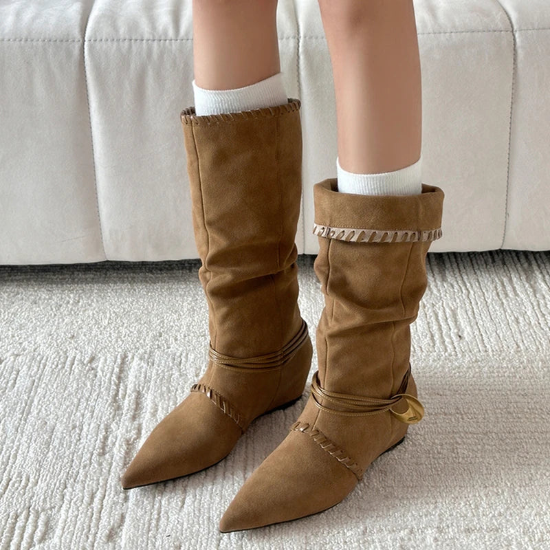 Mid Calf Boots Pointed Toe Flats Shoes Chelsea Boots Casual Walking Suede Zapatos Goth Mujer Botas