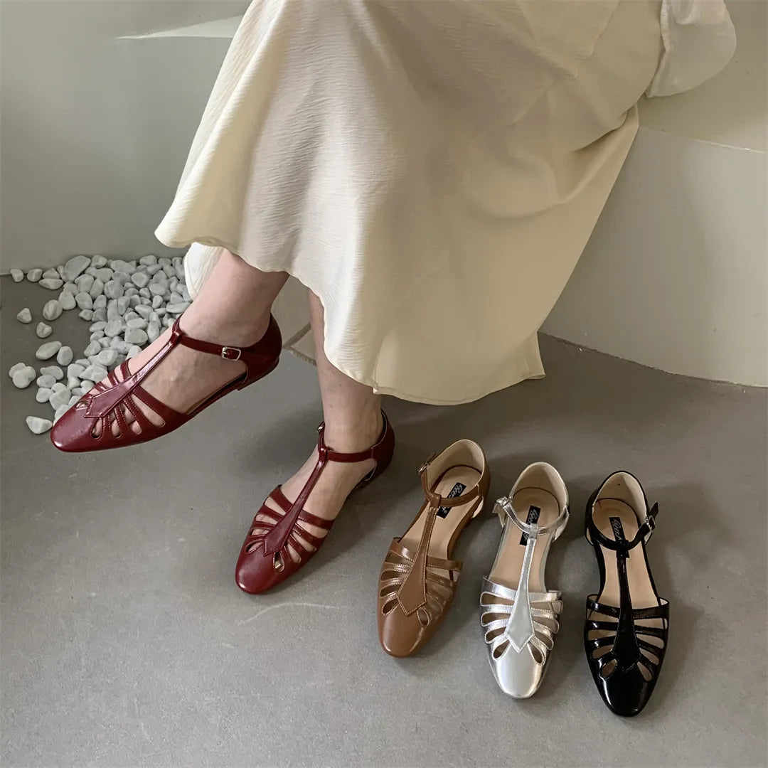 T-strap Rome Flat Sandals Hollow Out Vintage Mary Janes Shoes Pu Leather Holiday Elegant Gladiator Sandals
