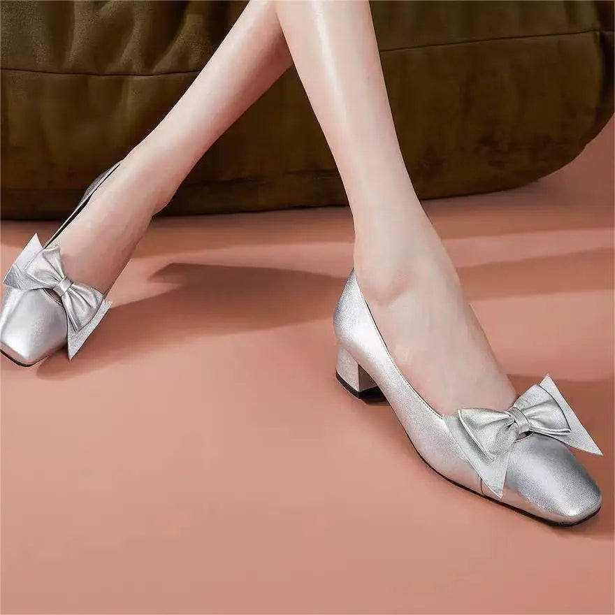 Four Seasons Wear Bowknot Decorative Thick Heel Single Shoes French Temperament Shoes Shallow Toe Slip On