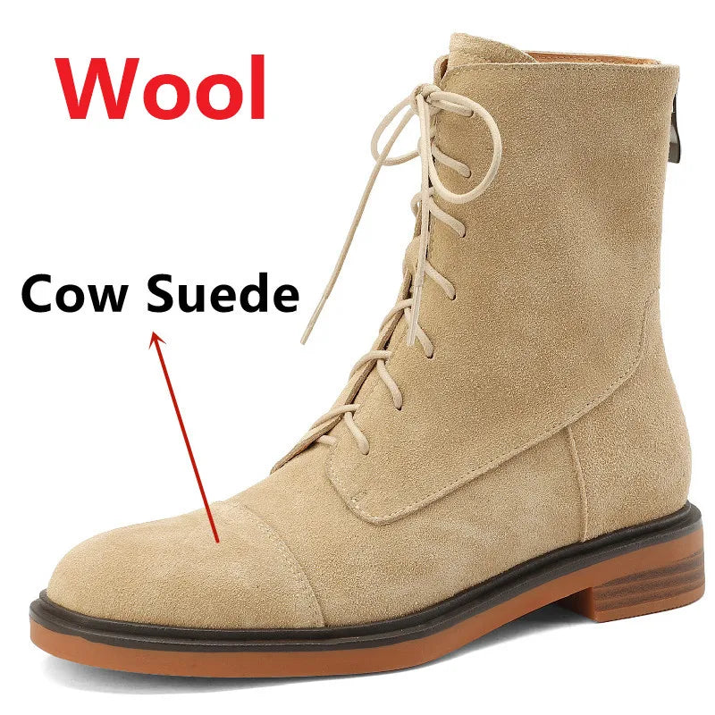 Ankle Boots Office Casual Genuine Leather Wool Low Heels Comfortable Shoes Woman High Quality