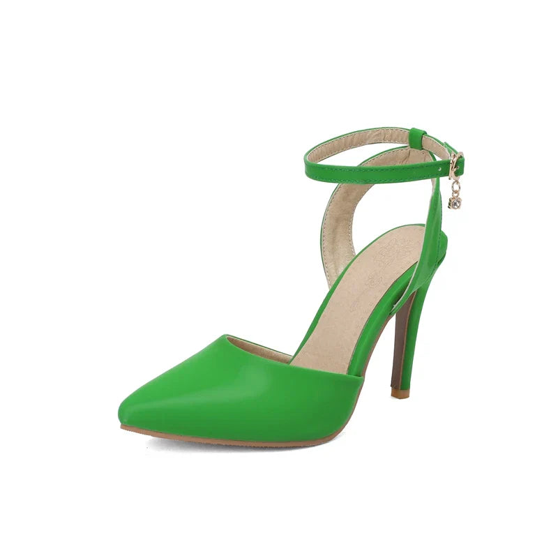 Pu Leather Ankle Strap Buckle Stiletto Pumps Slingback Pointed Toe High Heels Sandals Shoes Large Size 33-50