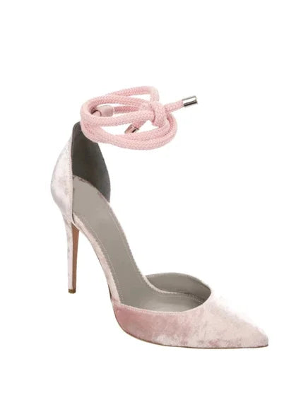 Velvet Sandals Pointed Toe Ankle Rope Ties Stiletto Heels Lace Up Causal Holiday Party