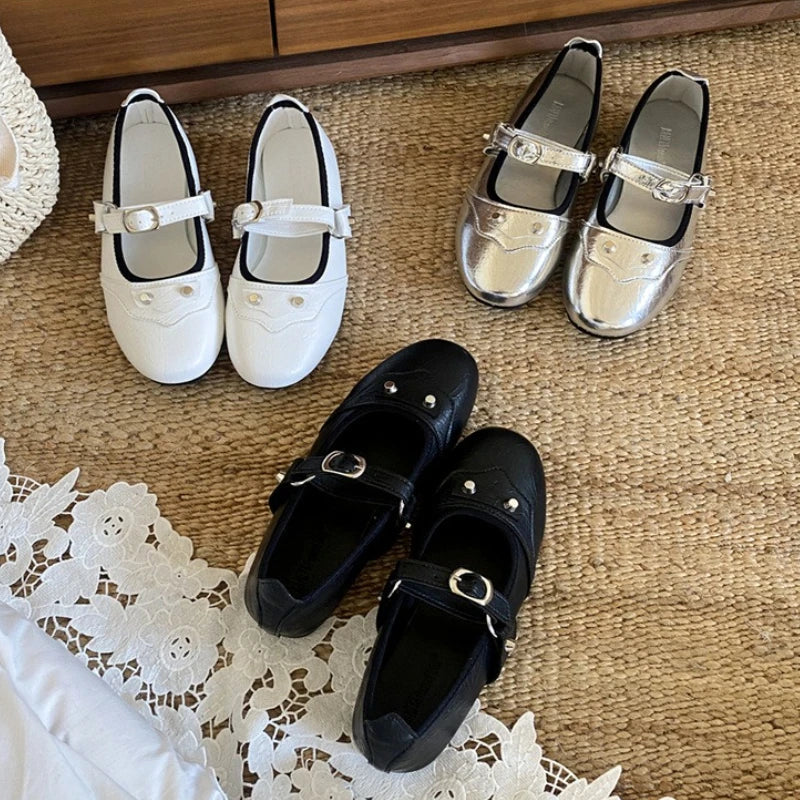 Rivet Decoration Mary Jane Shoes Retro Square Toe Comfort Soft Sole Ballet Flats Belt Buckle Shallow Shoe