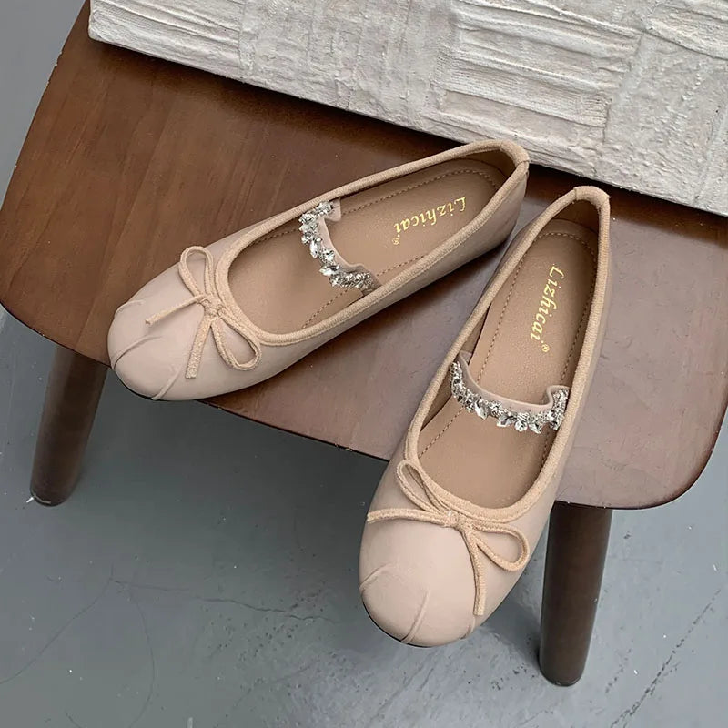 Pink Rhinestones Mary Janes Flats Lolita Shoes Soft Round Toe Footwear Shallow Ballet Flats Shoes
