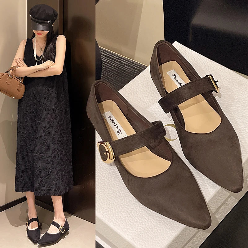 Low Heeled 2cm One Word Buckle Strap Design Solid Color Shallow Mouth Pointed Toe Comfy Low Heeled Shoes