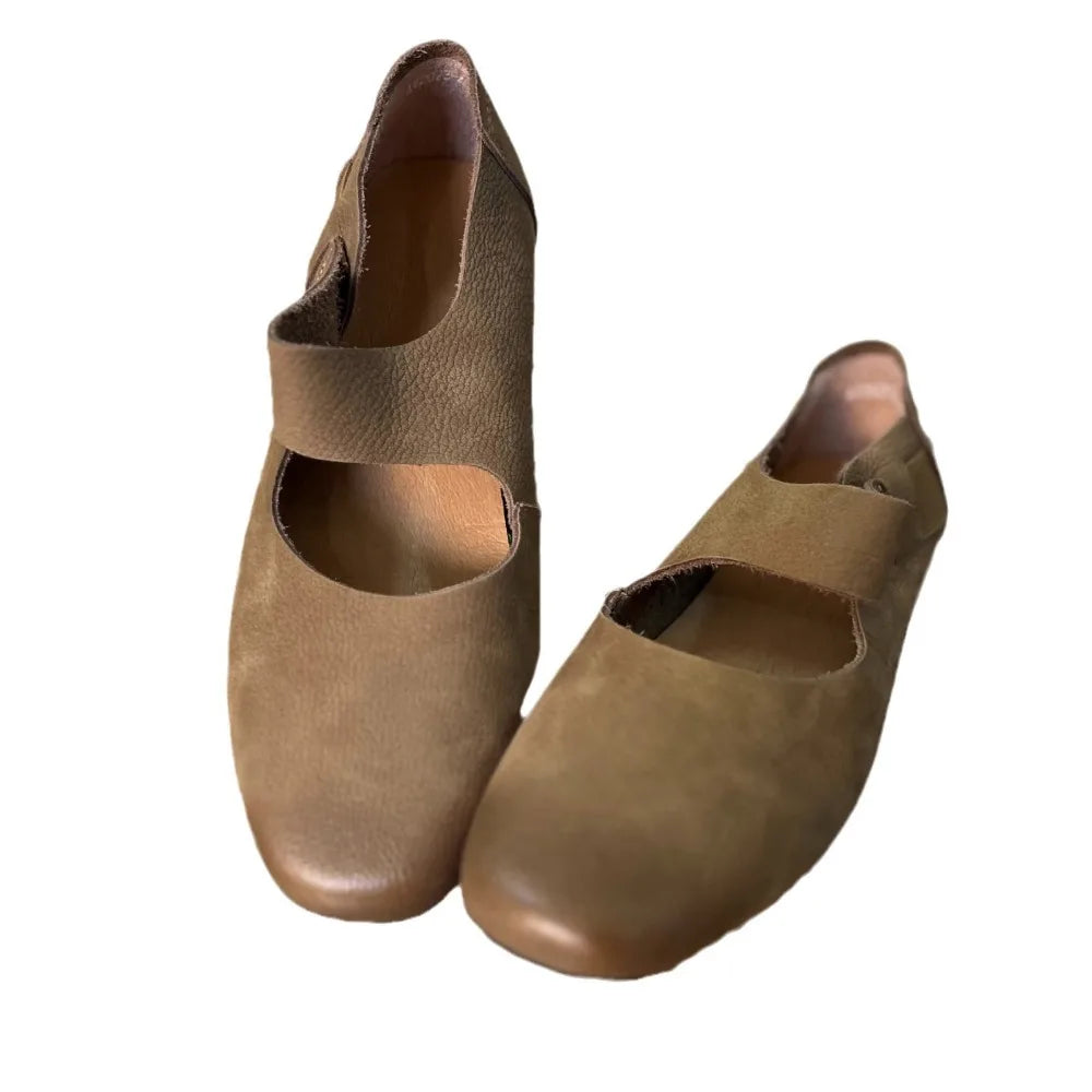 Flat Shoes Genuine Leather Retro Round Toe Flat Ballet Shoes Mary Jane Single Shoe Flats