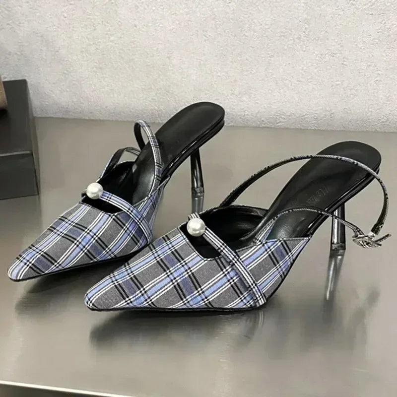 Pointed Toe Retro Plaid High Heels Elegant Slingbacks Shoes Office Sandalias De Mujer