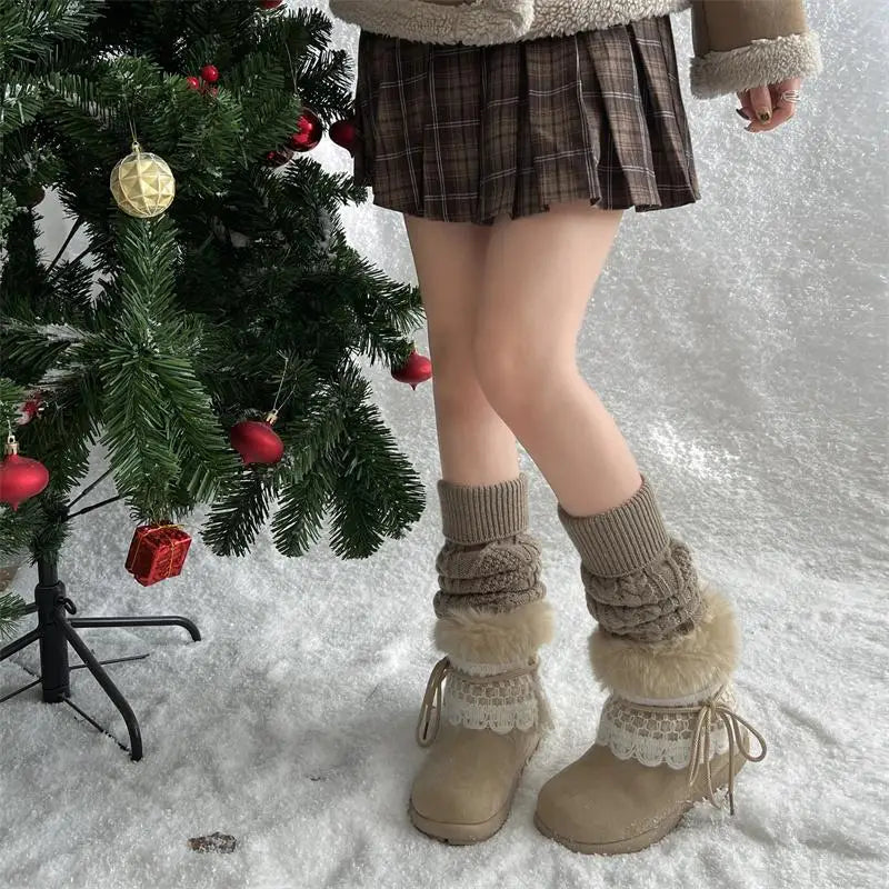 Sweet Lace Decoration Furry Suede Snow Boots Thick Bottom Fluffy Fur Ankle Boots Warm Plush Shoes