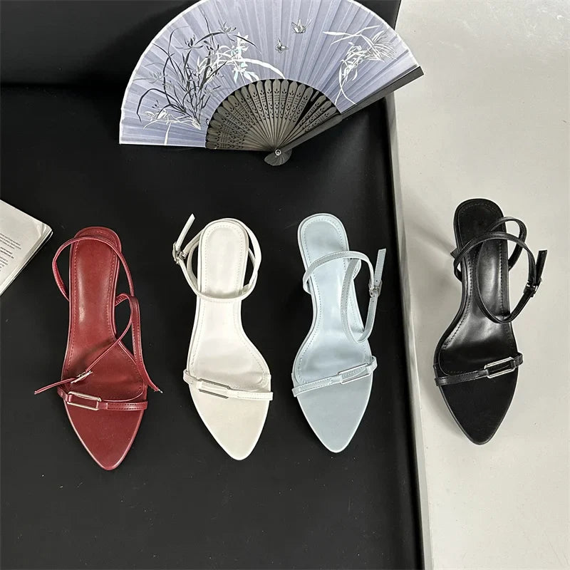 Hollow Out Sandals Pointed Toe Thin High Heels Wedding Shoes Ankle Buckle Strap Pumps