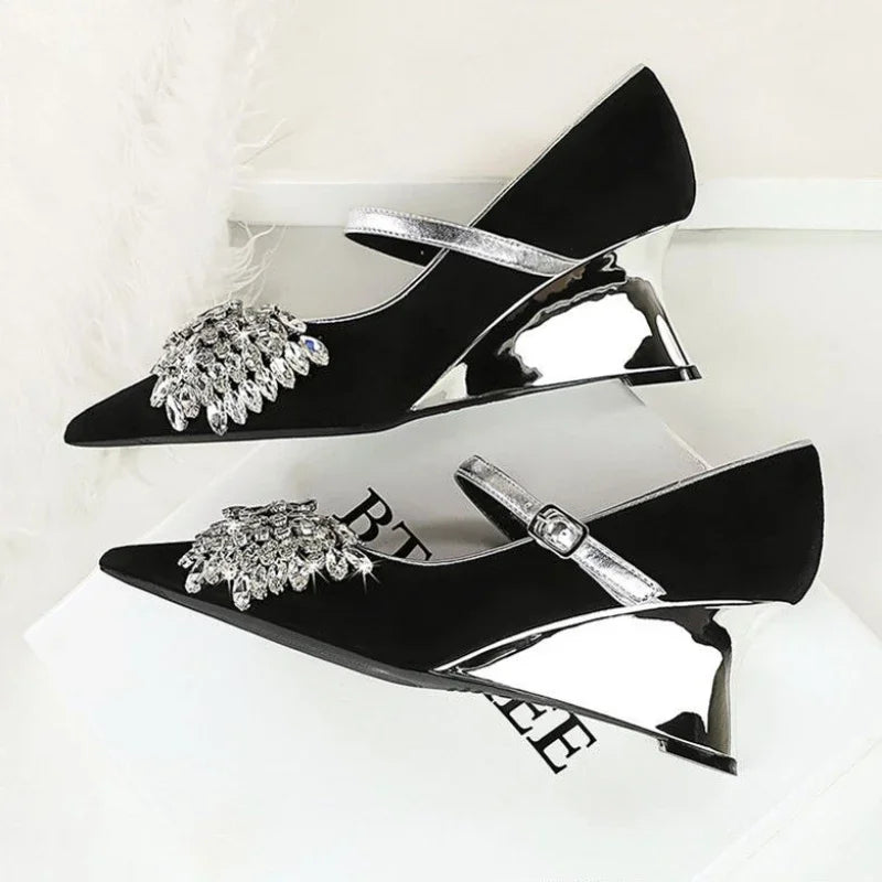 Rhinestone Design Wedge Shoes Shallow Elegant Pointed Toe Pumps Diamond Butterfly-knot High Heels Zapatos De Mujer