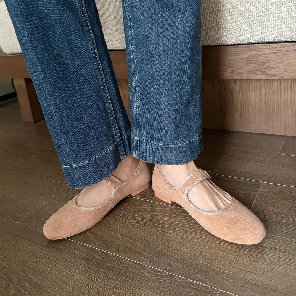 Flats Round Toe Genuine Leather Buckle Strap Mary Janes Office Lady Working Shoes Woman Concise