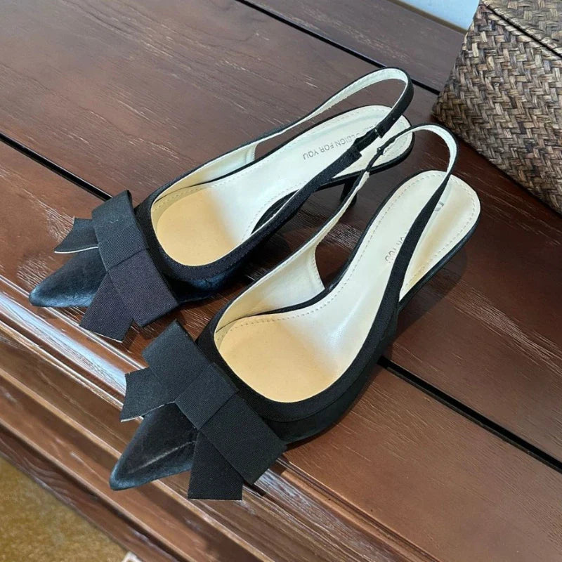Bowknot Pointed Toe Thin Heel Elegant Satin Heels Prom Backless Zapatos De Mujer