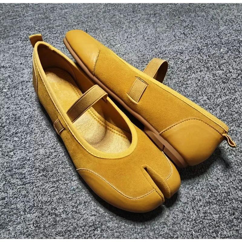 Split toe Faux suede Patchwork Tabi Ballet Flats Mary Janes Walking Loafers Casual Girls Dance Shoes