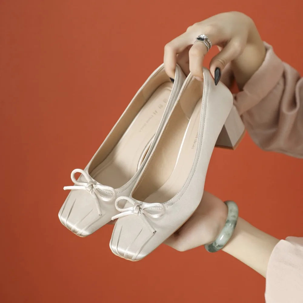 Pumps Butterfly Satin Ballet Shoes Square Head Shallow Mouth Pumps High Heels Thick Heel Not Tired Feet