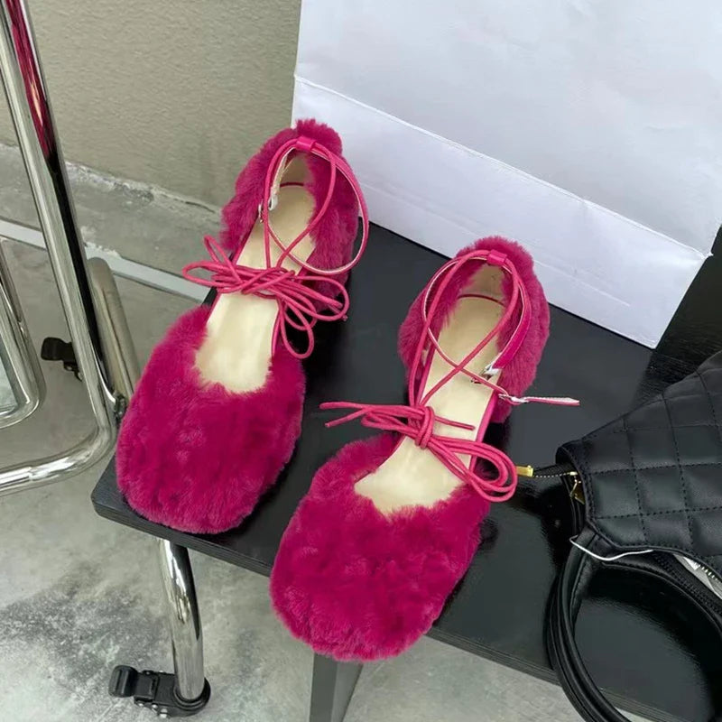 Brand Sandal Furry Elegant Square Low Heel Dress Pumps Shoes Outdoor Slingback Shoes