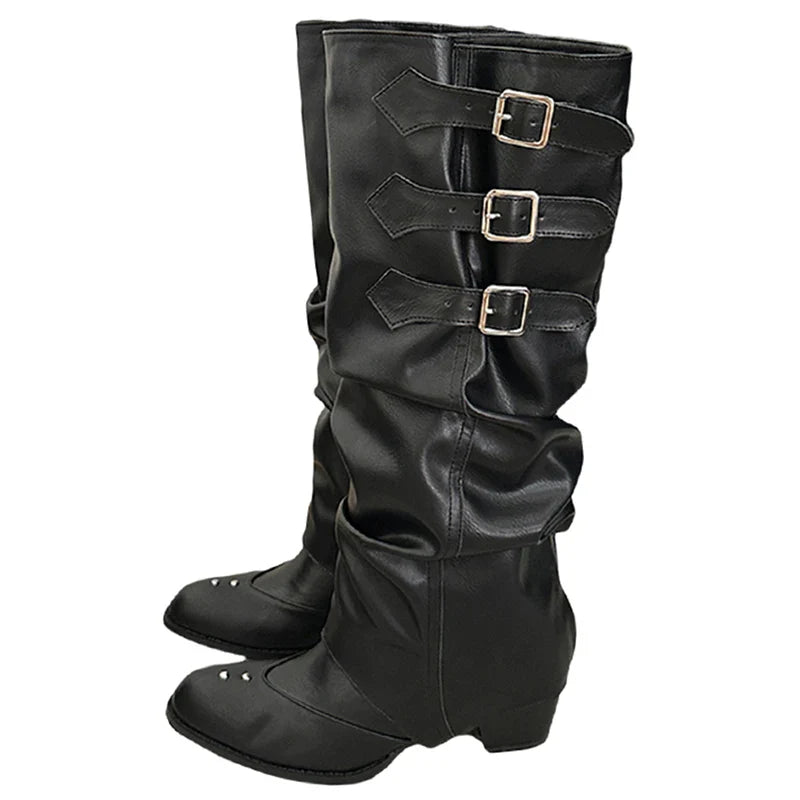 Vintage Belt Buckle Knee High Boots Removable Shoes Elegant Thick Heel Knight Long Booties