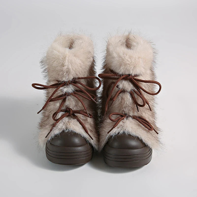 Furry Lace Up Snow Boots Concise Height Increase Shoes Thick Sole Warm Cotton Short Booties Zapatos De Muje