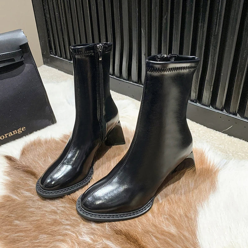 Elegant High Heels Shoes Chelsea Ankle Boots Chunky Square Toe Shoes Motorcycle Pumps Botas