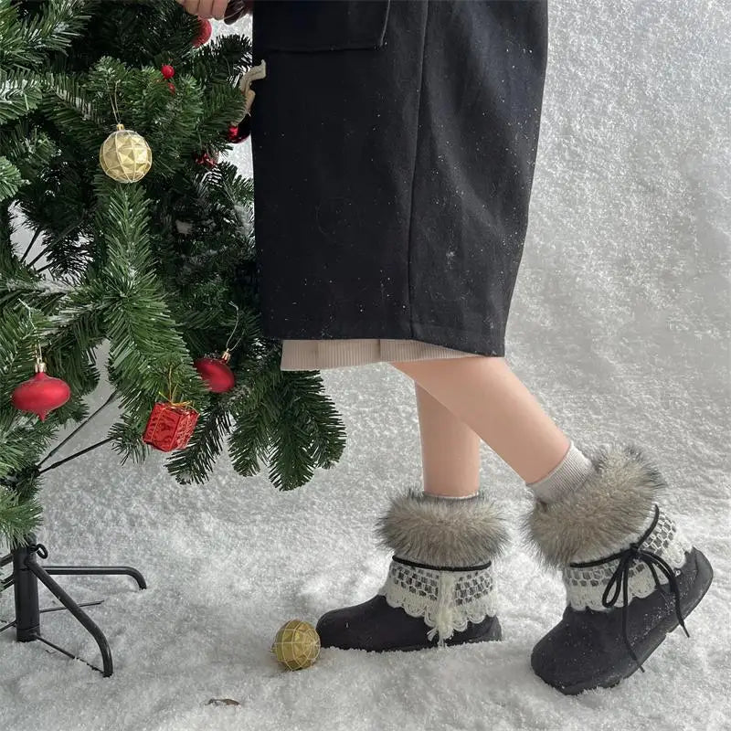 Sweet Lace Decoration Furry Suede Snow Boots Thick Bottom Fluffy Fur Ankle Boots Warm Plush Shoes