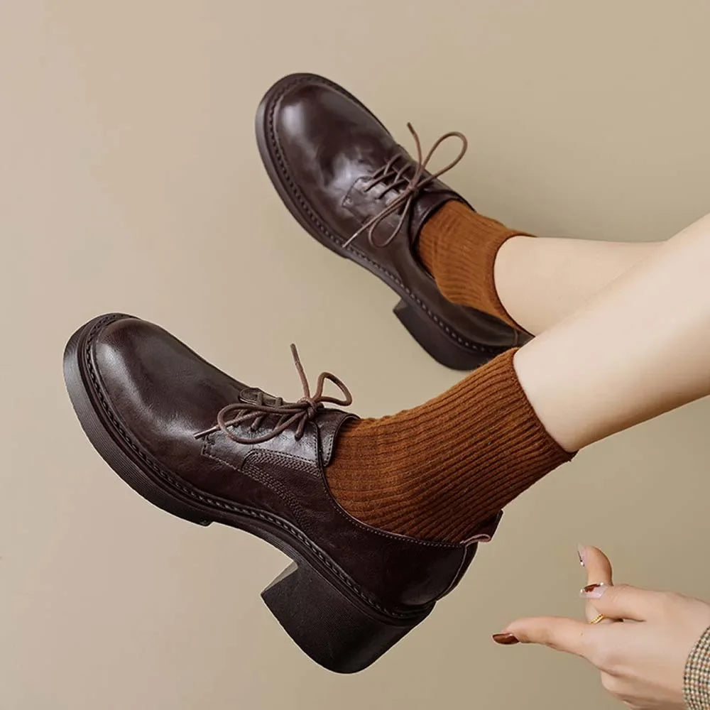 Womens Cowhide Lace Up Flat Shoes Oxford Round Toe Retro British High-Quality Soft Comfortable All Season Daily Shoes